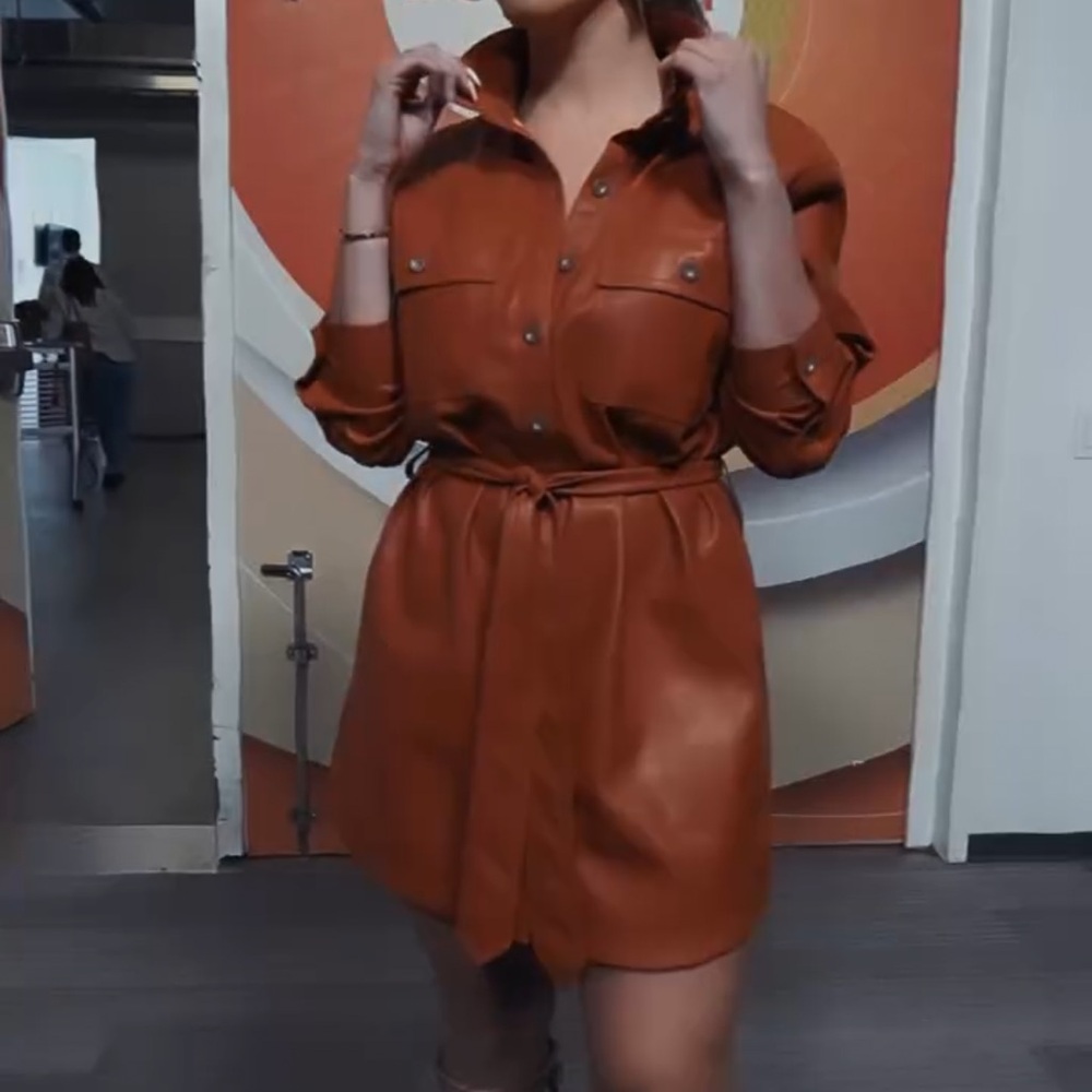 Macy's Faux-Leather Shirt Dress in Cognac